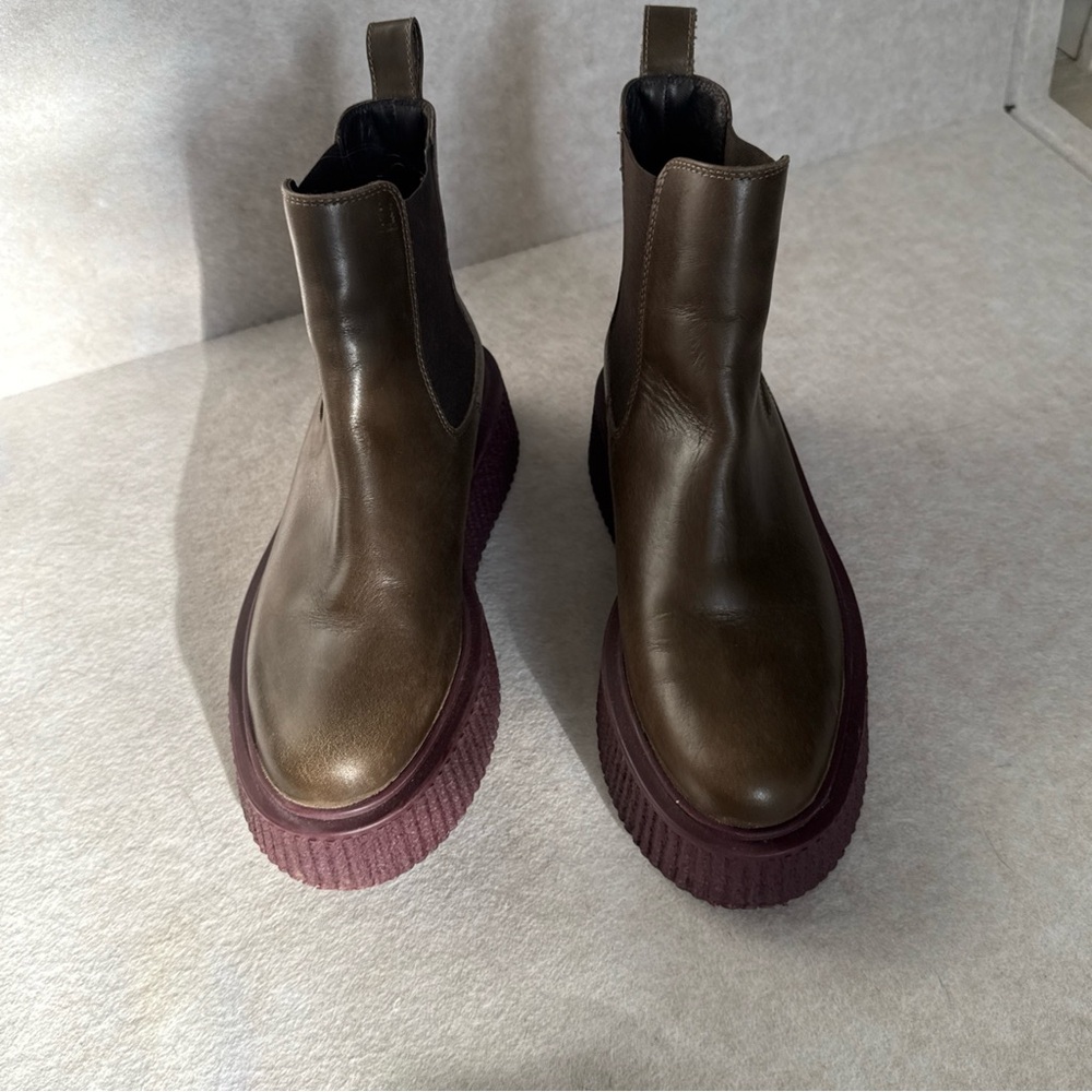 Olive Leather Chelsea Booties with Plum Platform Sole
